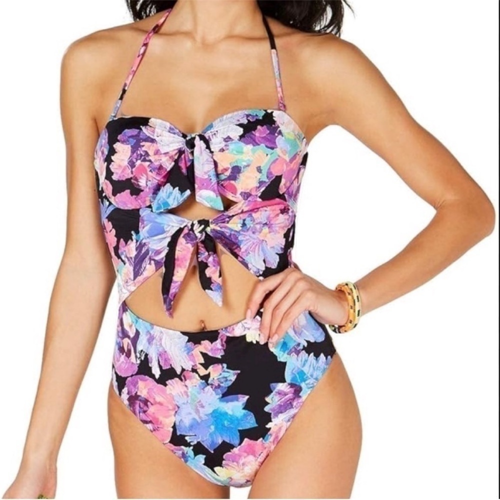 Bar III Tech Floral Cut Out One Piece Swimsuit